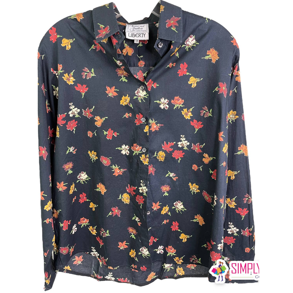 Liberty Women's Jude's Floral‎ Relaxed Cotton Shirt Black Floral Button-Down 12